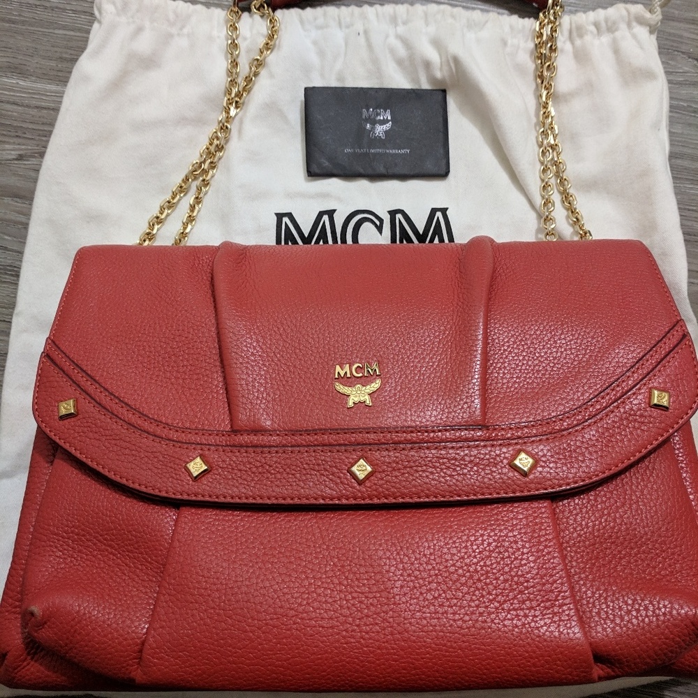 Red-orange MCM flap bag